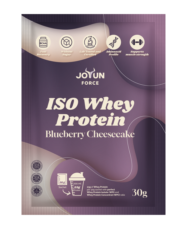 Jotun Force ISO Whey Protein in Blueberry Cheesecake flavor – premium whey supplement packaging